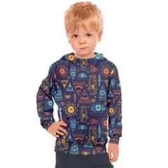 Trendy African Maya Seamless Pattern With Doodle Hand Drawn Ancient Objects Kids  Hooded Pullover