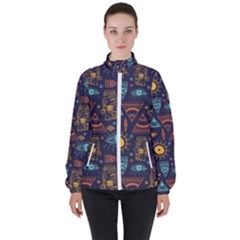 Trendy African Maya Seamless Pattern With Doodle Hand Drawn Ancient Objects Women s High Neck Windbreaker by Wegoenart