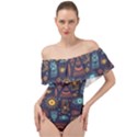 Trendy African Maya Seamless Pattern With Doodle Hand Drawn Ancient Objects Off Shoulder Velour Bodysuit  View1