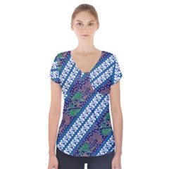 Indonesian Combination Batik With Dominant Blue Color Short Sleeve Front Detail Top by Wegoenart