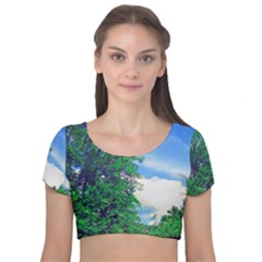 The Deep Blue Sky Velvet Short Sleeve Crop Top  by Fractalsandkaleidoscopes