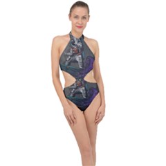 Illustration Astronaut Cosmonaut Paying Skateboard Sport Space With Astronaut Suit Halter Side Cut Swimsuit