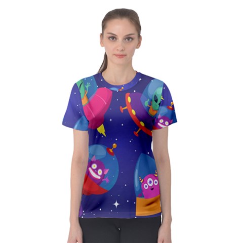 Cartoon Funny Aliens With Ufo Duck Starry Sky Set Women s Sport Mesh Tee by Vaneshart