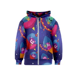 Cartoon Funny Aliens With Ufo Duck Starry Sky Set Kids  Zipper Hoodie by Vaneshart