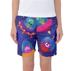 Cartoon Funny Aliens With Ufo Duck Starry Sky Set Women s Basketball Shorts by Vaneshart