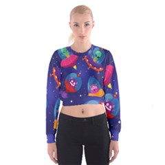 Cartoon Funny Aliens With Ufo Duck Starry Sky Set Cropped Sweatshirt by Vaneshart