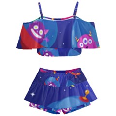 Cartoon Funny Aliens With Ufo Duck Starry Sky Set Kids  Off Shoulder Skirt Bikini by Vaneshart