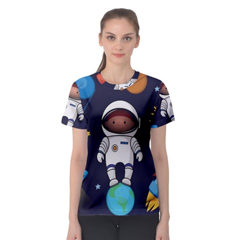 Boy Spaceman Space Rocket Ufo Planets Stars Women s Sport Mesh Tee by Vaneshart