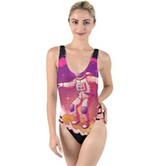 Astronaut Spacesuit Standing Surfboard Surfing Milky Way Stars High Leg Strappy Swimsuit by Vaneshart