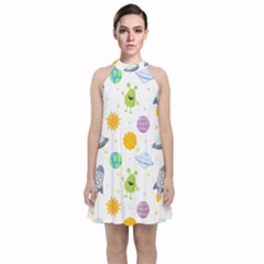 Seamless Pattern Cartoon Space Planets Isolated White Background Velvet Halter Neckline Dress 