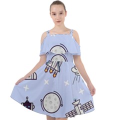 Seamless Pattern With Space Theme Cut Out Shoulders Chiffon Dress