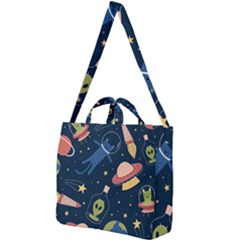 Seamless Pattern With Funny Aliens Cat Galaxy Square Shoulder Tote Bag by Vaneshart