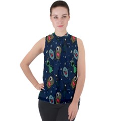 Monster Alien Pattern Seamless Background Mock Neck Chiffon Sleeveless Top by Vaneshart