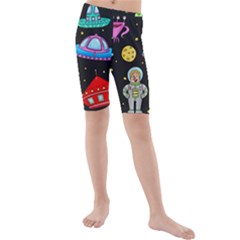 Seamless Pattern With Space Objects Ufo Rockets Aliens Hand Drawn Elements Space Kids  Mid Length Swim Shorts by Vaneshart