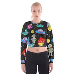 Seamless Pattern With Space Objects Ufo Rockets Aliens Hand Drawn Elements Space Cropped Sweatshirt by Vaneshart