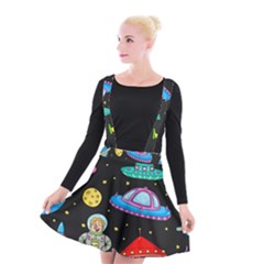 Seamless Pattern With Space Objects Ufo Rockets Aliens Hand Drawn Elements Space Suspender Skater Skirt by Vaneshart