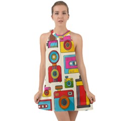 Retro Cameras Audio Cassettes Hand Drawn Pop Art Style Seamless Pattern Halter Tie Back Chiffon Dress by Vaneshart