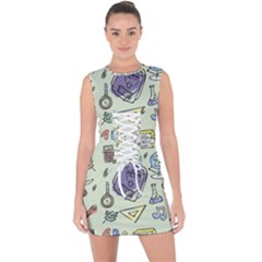 Hand Drawn Pattern School Lace Up Front Bodycon Dress by Vaneshart