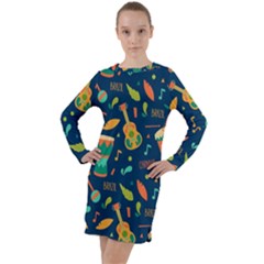 Brazil Musical Instruments Seamless Carnival Pattern Long Sleeve Hoodie Dress by Vaneshart