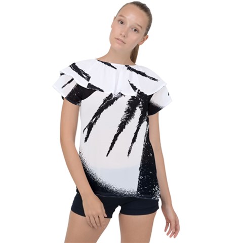 Black And White Tropical Moonscape Illustration Ruffle Collar Chiffon Blouse by dflcprintsclothing