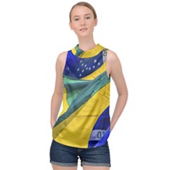 Brazil Flags Waving Background High Neck Satin Top by dflcprintsclothing