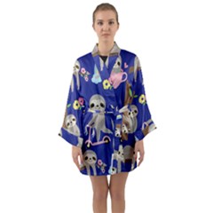 Hand Drawn Cute Sloth Pattern Background Long Sleeve Satin Kimono by Vaneshart