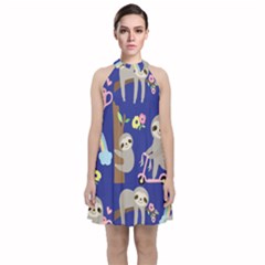 Hand Drawn Cute Sloth Pattern Background Velvet Halter Neckline Dress  by Vaneshart