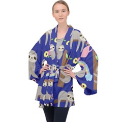 Hand Drawn Cute Sloth Pattern Background Long Sleeve Velvet Kimono  by Vaneshart