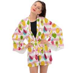 Tropical Fruits Berries Seamless Pattern Long Sleeve Kimono by Vaneshart