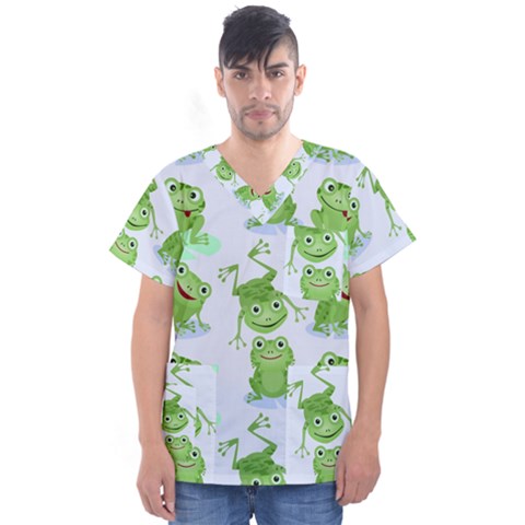 Cute Green Frogs Seamless Pattern Men s V-neck Scrub Top by Vaneshart