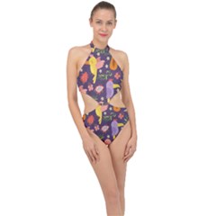 Exotic Seamless Pattern With Parrots Fruits Halter Side Cut Swimsuit