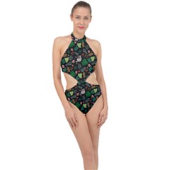 Floral Pattern With Plants Sloth Flowers Black Backdrop Halter Side Cut Swimsuit by Vaneshart