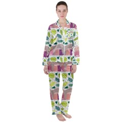 Cute Sloth Sleeping Ice Cream Surrounded By Green Tropical Leaves Satin Long Sleeve Pyjamas Set by Vaneshart