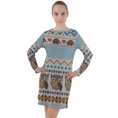 Fabric Texture With Owls Long Sleeve Hoodie Dress