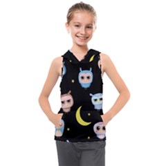 Cute Owl Doodles With Moon Star Seamless Pattern Kids  Sleeveless Hoodie