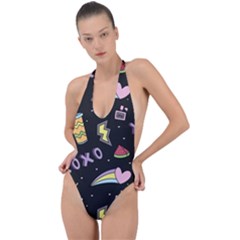 Cute Girl Things Seamless Background Backless Halter One Piece Swimsuit