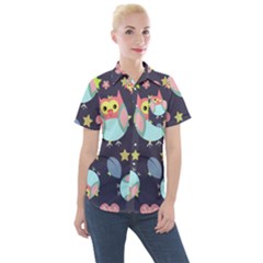 Owl Stars Pattern Background Women s Short Sleeve Pocket Shirt