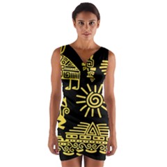 Maya Style Gold Linear Totem Icons Wrap Front Bodycon Dress by Vaneshart