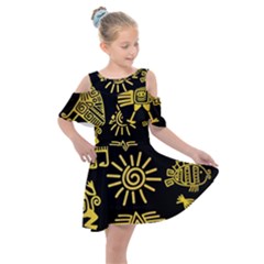 Maya Style Gold Linear Totem Icons Kids  Shoulder Cutout Chiffon Dress by Vaneshart