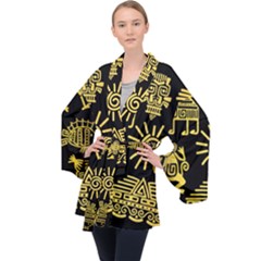 Maya Style Gold Linear Totem Icons Long Sleeve Velvet Kimono  by Vaneshart