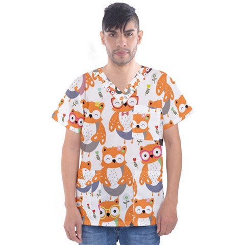 Cute Colorful Owl Cartoon Seamless Pattern Men s V-neck Scrub Top by Vaneshart