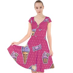 Seamless Pattern Patches With Ice Cream Cap Sleeve Front Wrap Midi Dress by Vaneshart