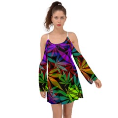 Ganja In Rainbow Colors, Weed Pattern, Marihujana Theme Kimono Sleeves Boho Dress