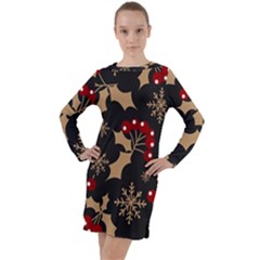 Christmas Pattern With Snowflakes Berries Long Sleeve Hoodie Dress