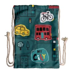 Seamless-pattern-hand-drawn-with-vehicles-buildings-road Drawstring Bag (large)