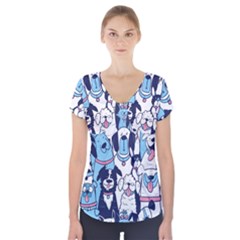 Dogs-seamless-pattern Short Sleeve Front Detail Top by Vaneshart