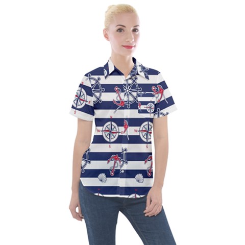 Seamless Marine Pattern Women s Short Sleeve Pocket Shirt by BangZart