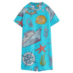 Colored Sketched Sea Elements Pattern Background Sea Life Animals Illustration Kids  Boyleg Half Suit Swimwear