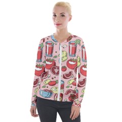 Tomato Seamless Pattern Juicy Tomatoes Food Sauce Ketchup Soup Paste With Fresh Red Vegetables Velour Zip Up Jacket by BangZart