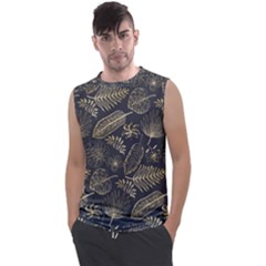 Elegant Pattern With Golden Tropical Leaves Men s Regular Tank Top